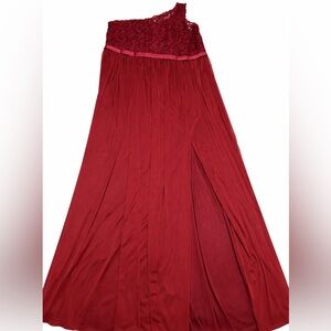 NWT Divid’s Bridal Burgundy One-Shoulder Lace Chiffon Maxi Dress • High Leg Slit
